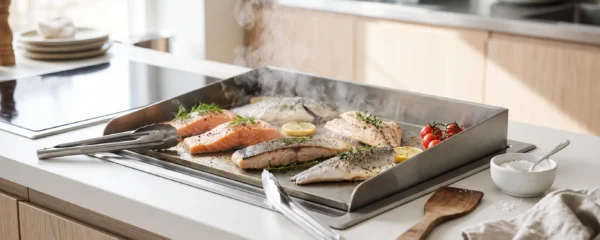 Filets de poissons variés en cours de cuisson sur une plancha électrique moderne, avec vapeur naturelle s'élevant et ustensiles de cuisine disposés autour