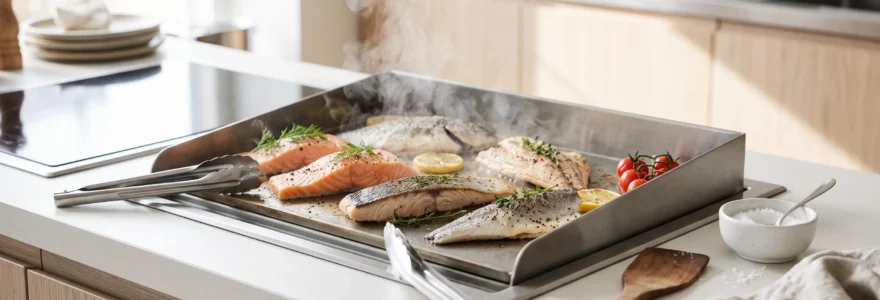 Filets de poissons variés en cours de cuisson sur une plancha électrique moderne, avec vapeur naturelle s'élevant et ustensiles de cuisine disposés autour